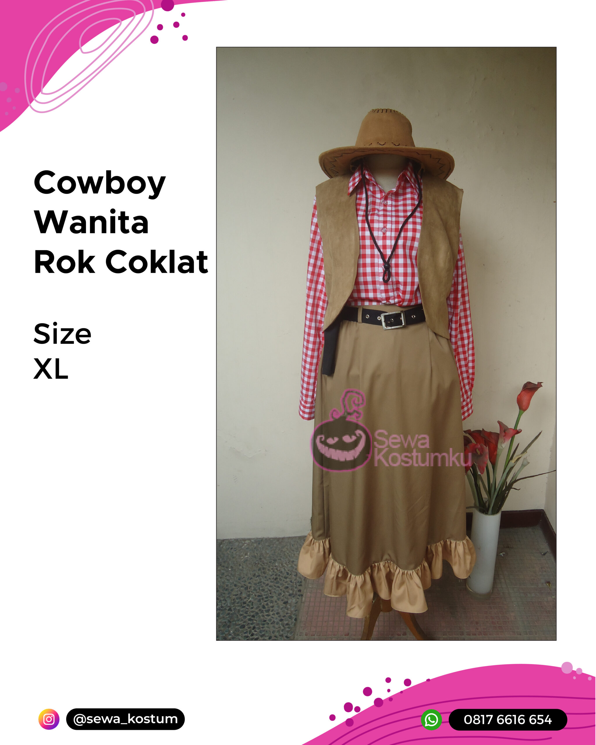 Rental Kostum Cowboy Wanita Rok Coklat size XL